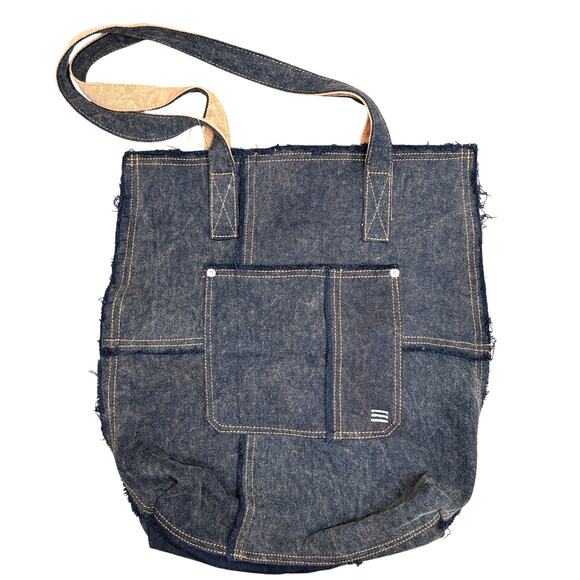 Urban Outfitters Denim Tote Black Orange Distressed Grunge School Book Bag - Picture 1 of 5